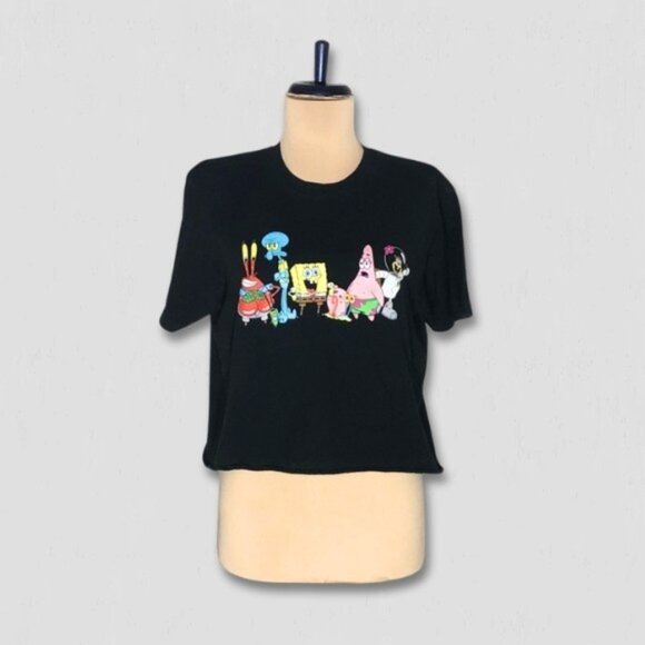 Nickelodeon Cropped T-Shirt SpongeBob SquarePants Graphic Design Black sz M - Picture 1 of 8